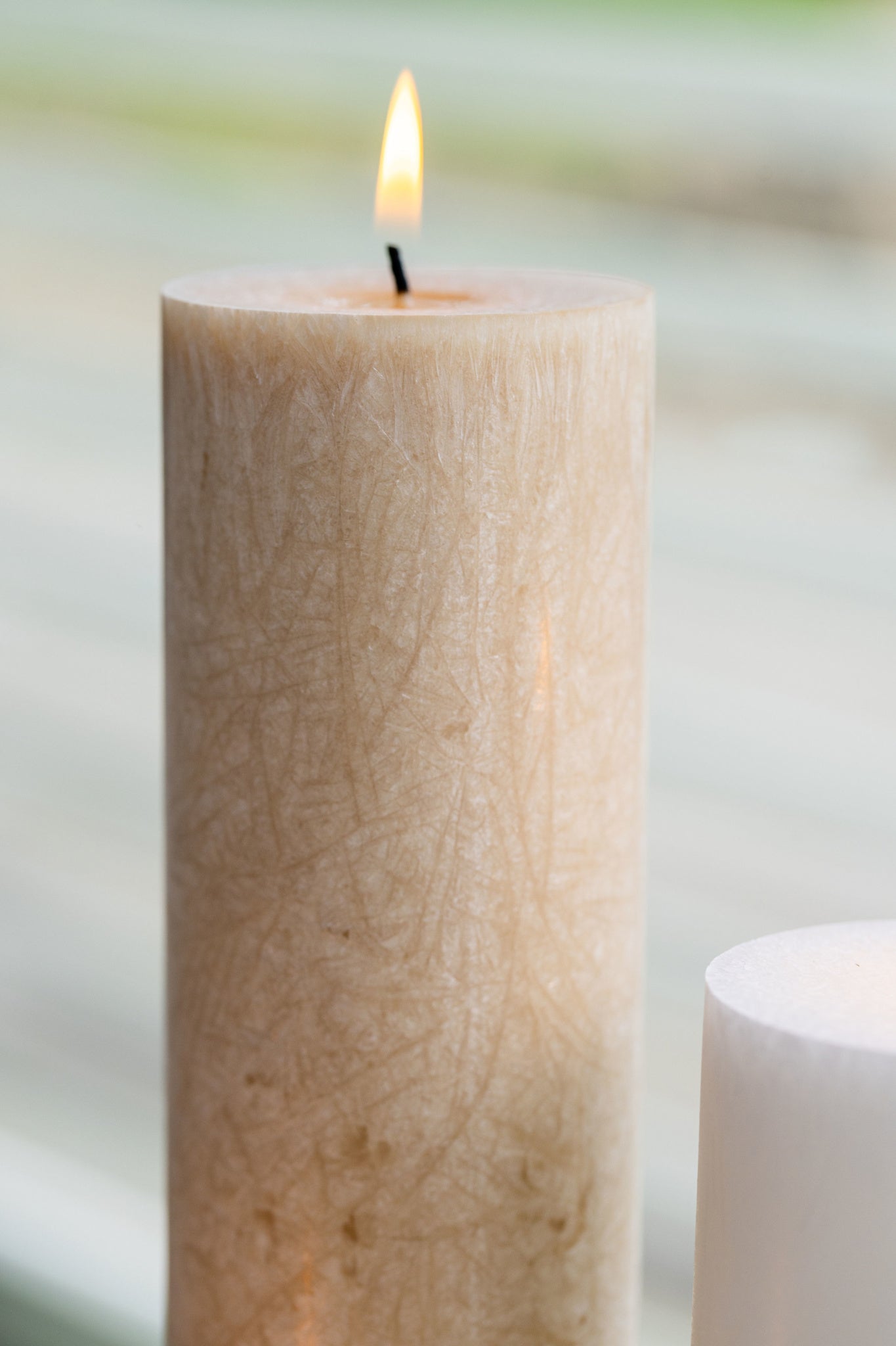 Upcycled olive wax pillar candles 6 cm x 18 cm - Sand