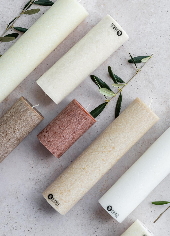 Upcycled olive wax pillar candles 6 cm x 10 cm - Chestnut