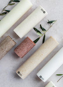Upcycled olive wax pillar candles 6 cm x 10 cm - Chestnut