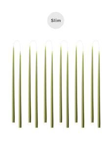 Slim colored candle, Ø=1.3 cm H= 28 cm gift box w. 12 pcs. - Olive #36