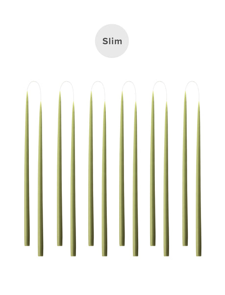 Slim colored candle, Ø=1.3 cm H= 28 cm gift box w. 12 pcs. - Olive #36