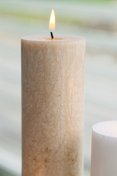 Upcycled olive wax pillar candles 6 cm x 18 cm - Sand