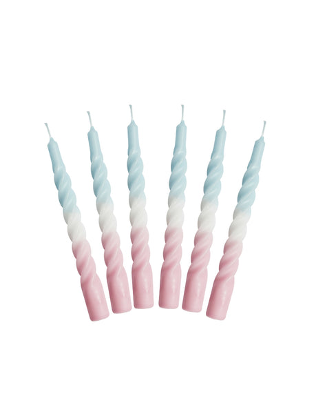 Candles with a Twist - Multi-coloured - Taper Candle 21 cm - # Light Blue and Pink with a White Belt